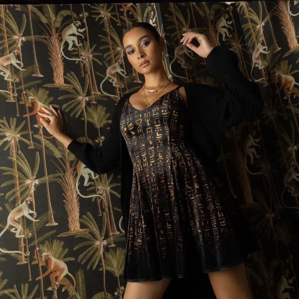 BlackMilk Faded Egyptian Hieroglyphics Velvet Longline Strappy Dress